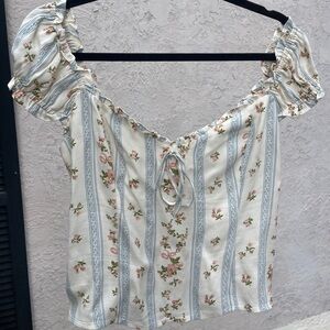 Reformation Ogden Top - Cream and Blue Floral Blouse